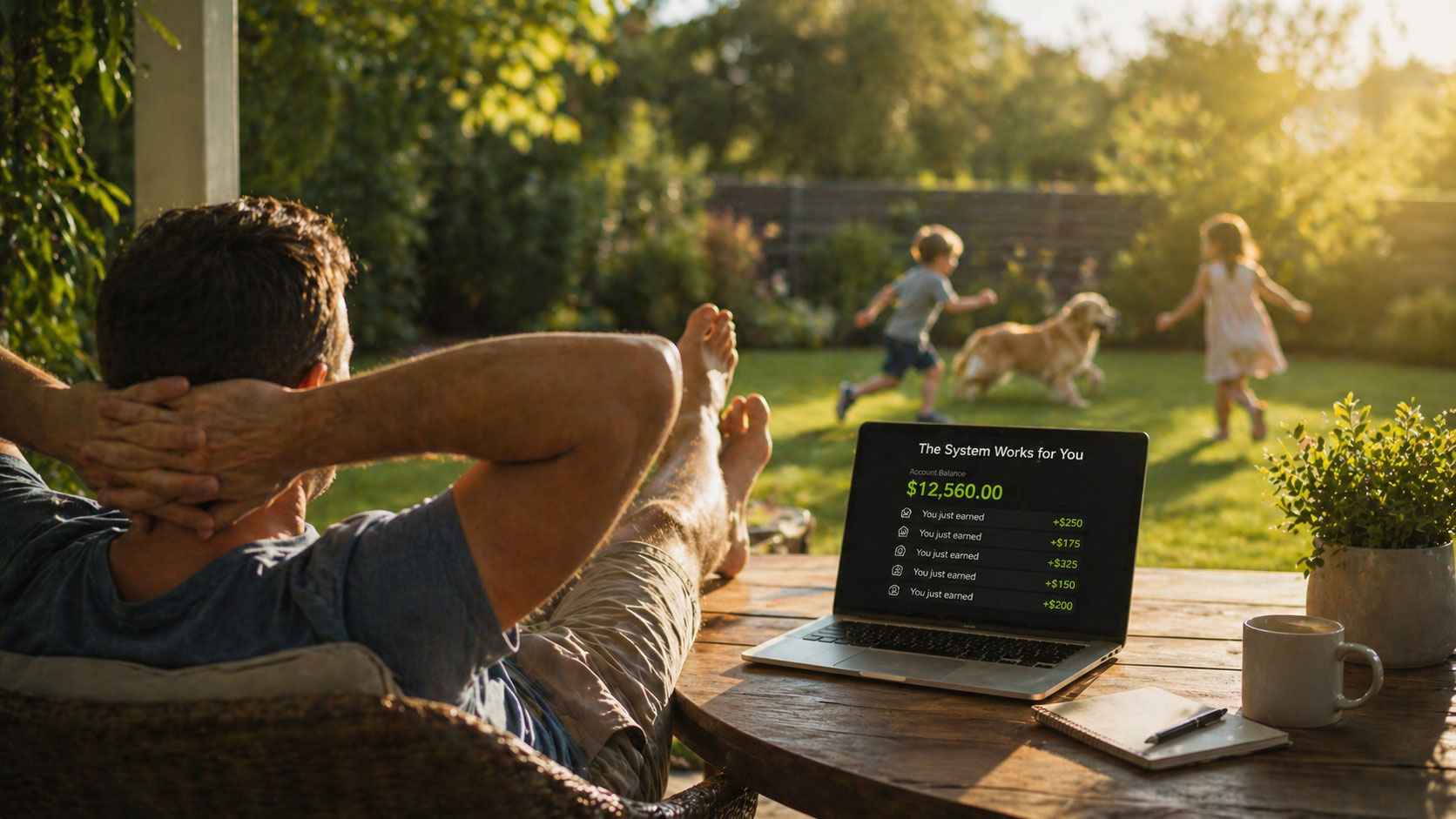 Working from home, family playing in the yard at golden hour